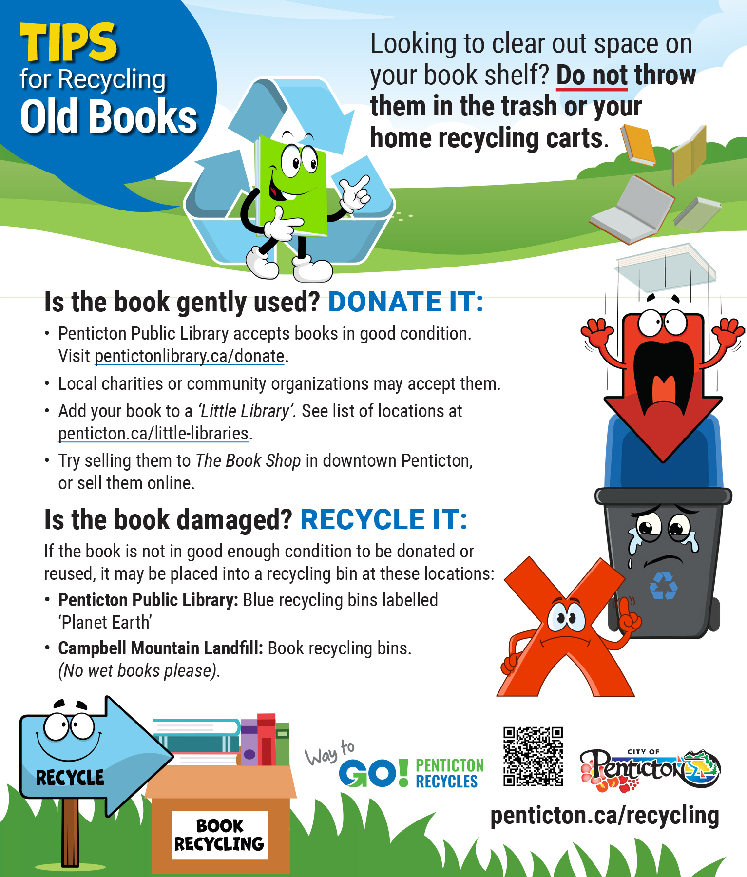 A colorful recycling tips poster for recycling old books. It provides guidance on donating gently used books to the Penticton Public Library, selling them to a 'Little Library,' or recycling damaged books at specified locations. Includes contact information and website links.