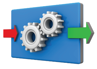 Productivity equals output divided by input graphic with gears on blue background