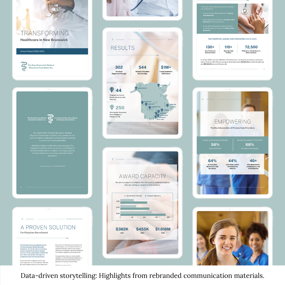 Collage of various rebranded communication materials showcasing healthcare information. Includes statistics, charts, a map, a doctor writing notes, and a smiling healthcare worker. Text at the bottom reads: "Data-driven storytelling: Highlights from rebranded communication materials.