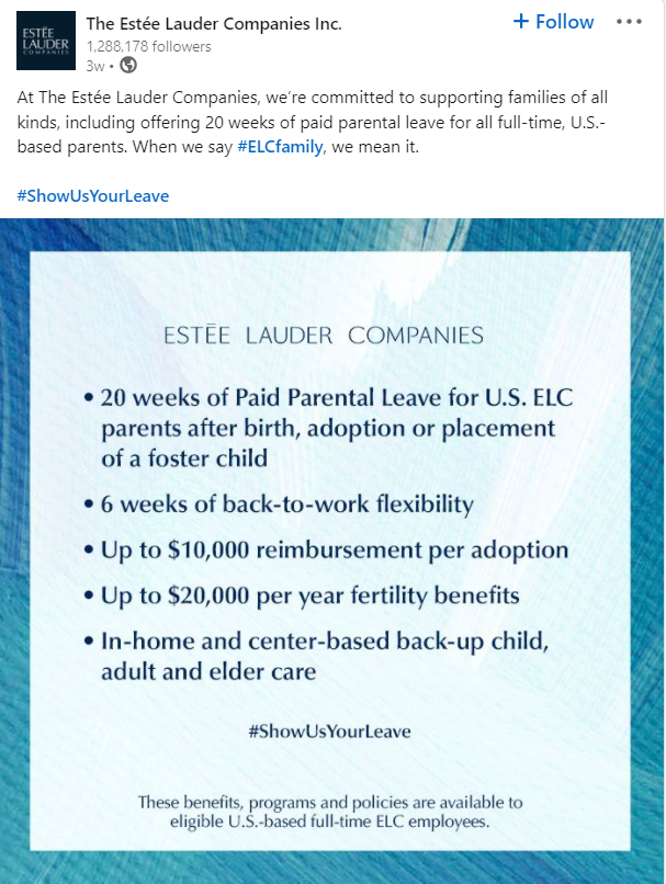 Estee Lauder Companies #ShowUsYourLeave campaign graphic